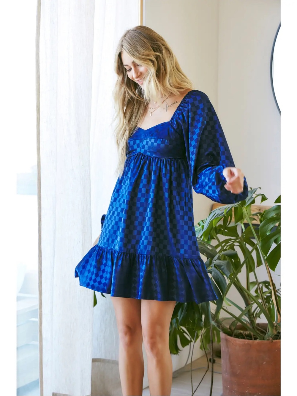 (700) Shimmering Chic Satin Checker Babydoll Mini Dress - S - NWT